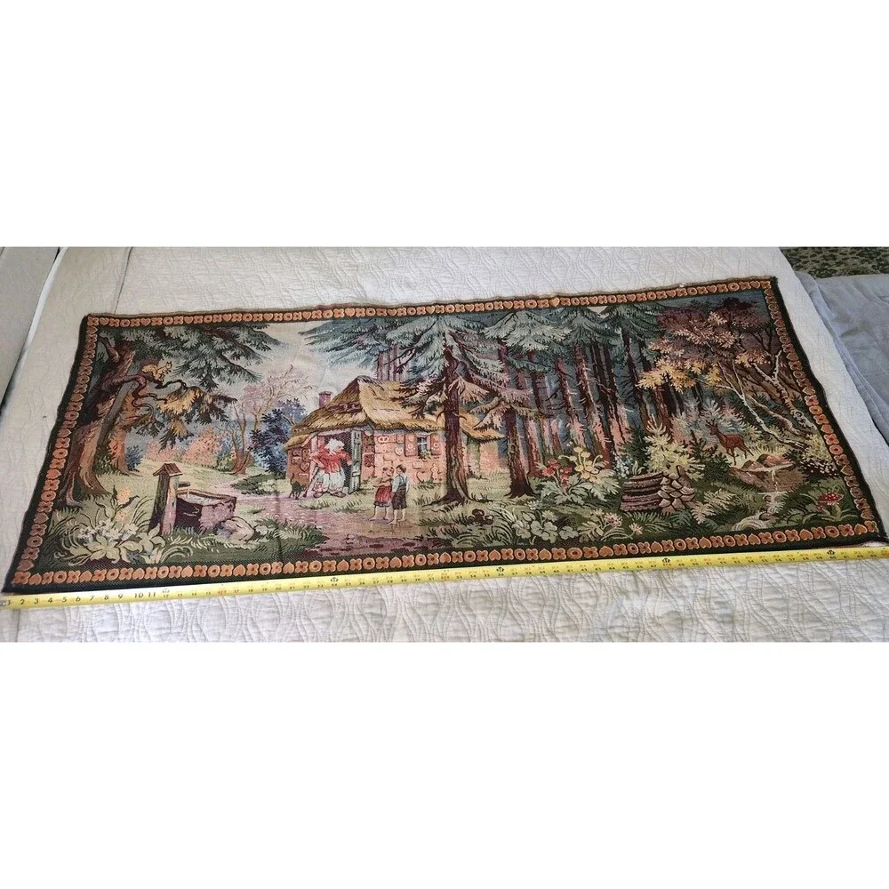 Vintage German Black Forest Gobelin Tapestry Wall Hanging Cottage Deer 50